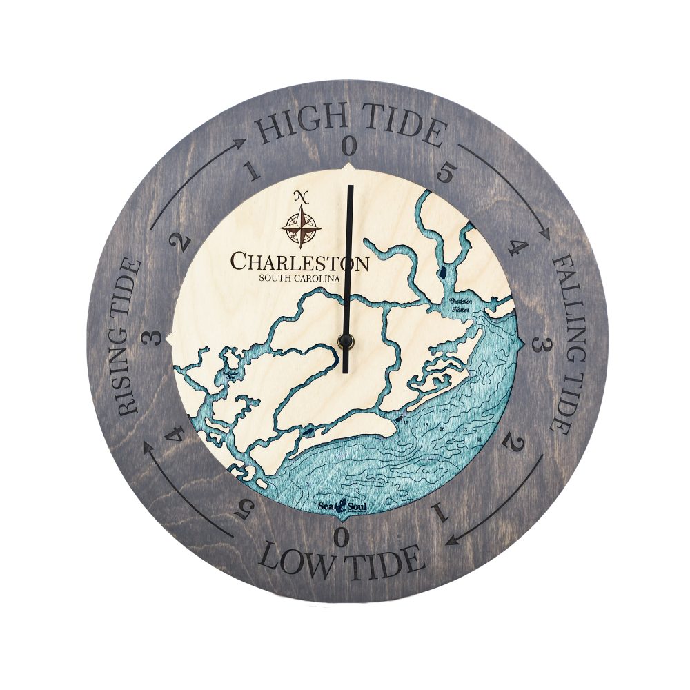 Charleston South Carolina Tide Clock Driftwood Accent with Blue Green Water