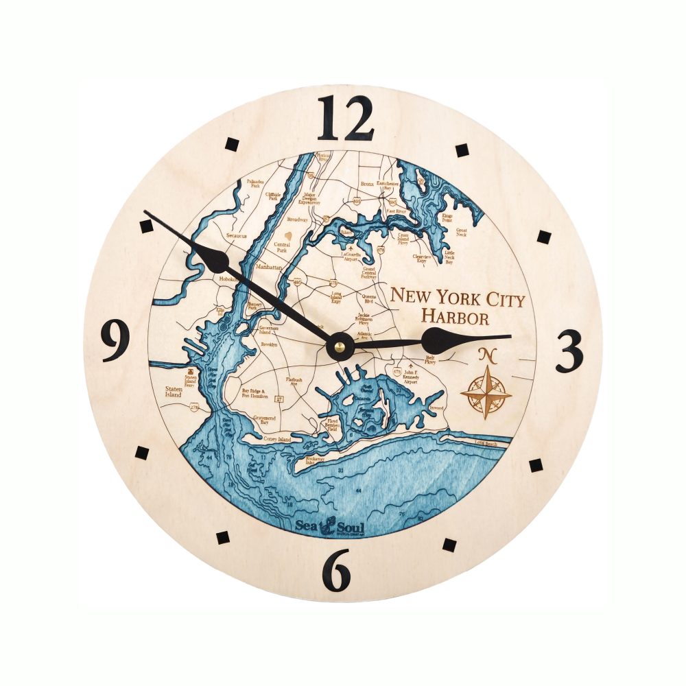 New York City Harbor Nautical Clock Birch Accent with Blue Green Water