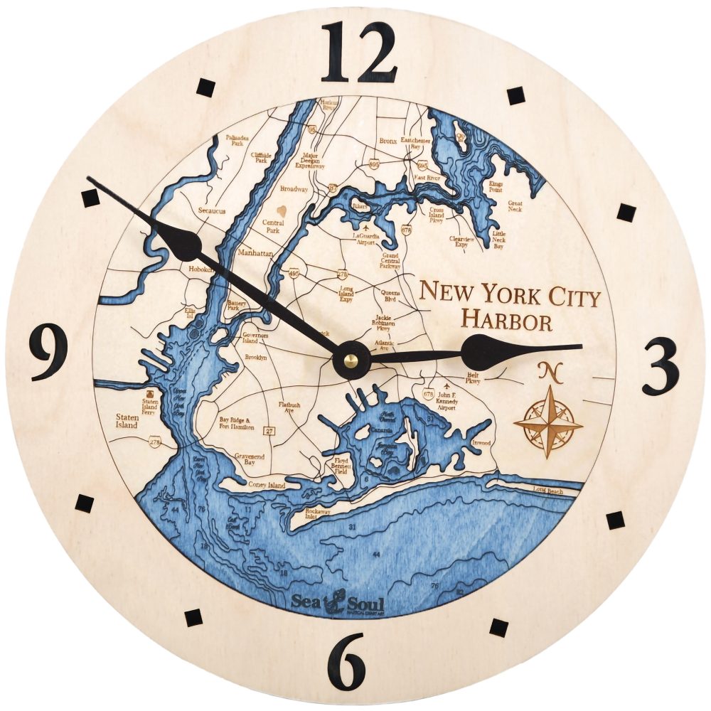 New York City Harbor Nautical Clock Birch Accent with Deep Blue Water