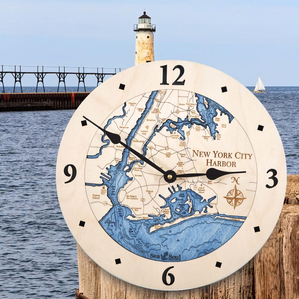 New York City Harbor Nautical Clock Birch Accent with Deep Blue Water in Use