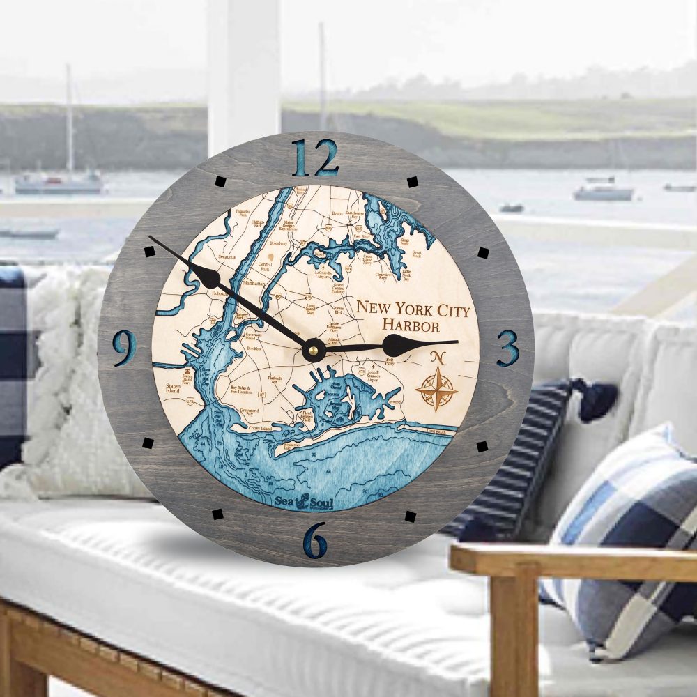 New York City Harbor Nautical Clock Driftwood Accent with Blue Green Water in Use