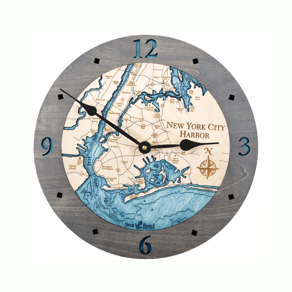 New York City Harbor Nautical Clock Driftwood Accent with Blue Green Water