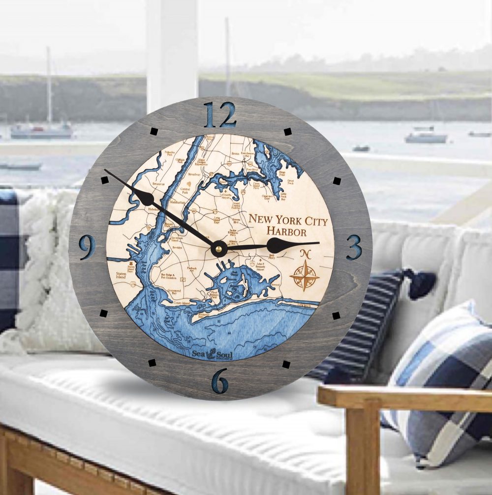 New York City Harbor Nautical Clock Driftwood Accent with Deep Blue Water in Use
