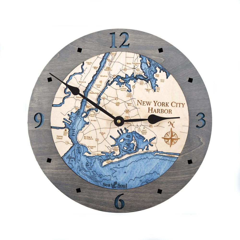 New York City Harbor Nautical Clock Driftwood Accent with Deep Blue Water