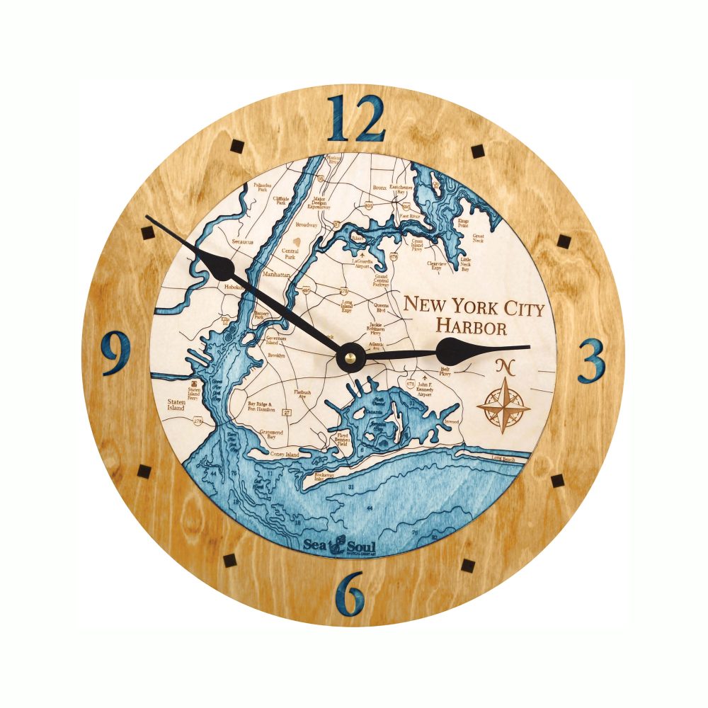 New York City Harbor Nautical Clock Honey Accent with Blue Green Water