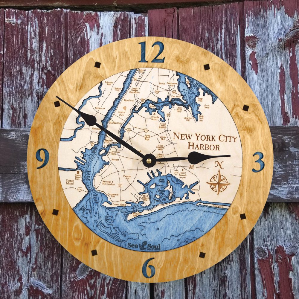 New York City Harbor Nautical Clock Honey Accent with Deep Blue Water in Use
