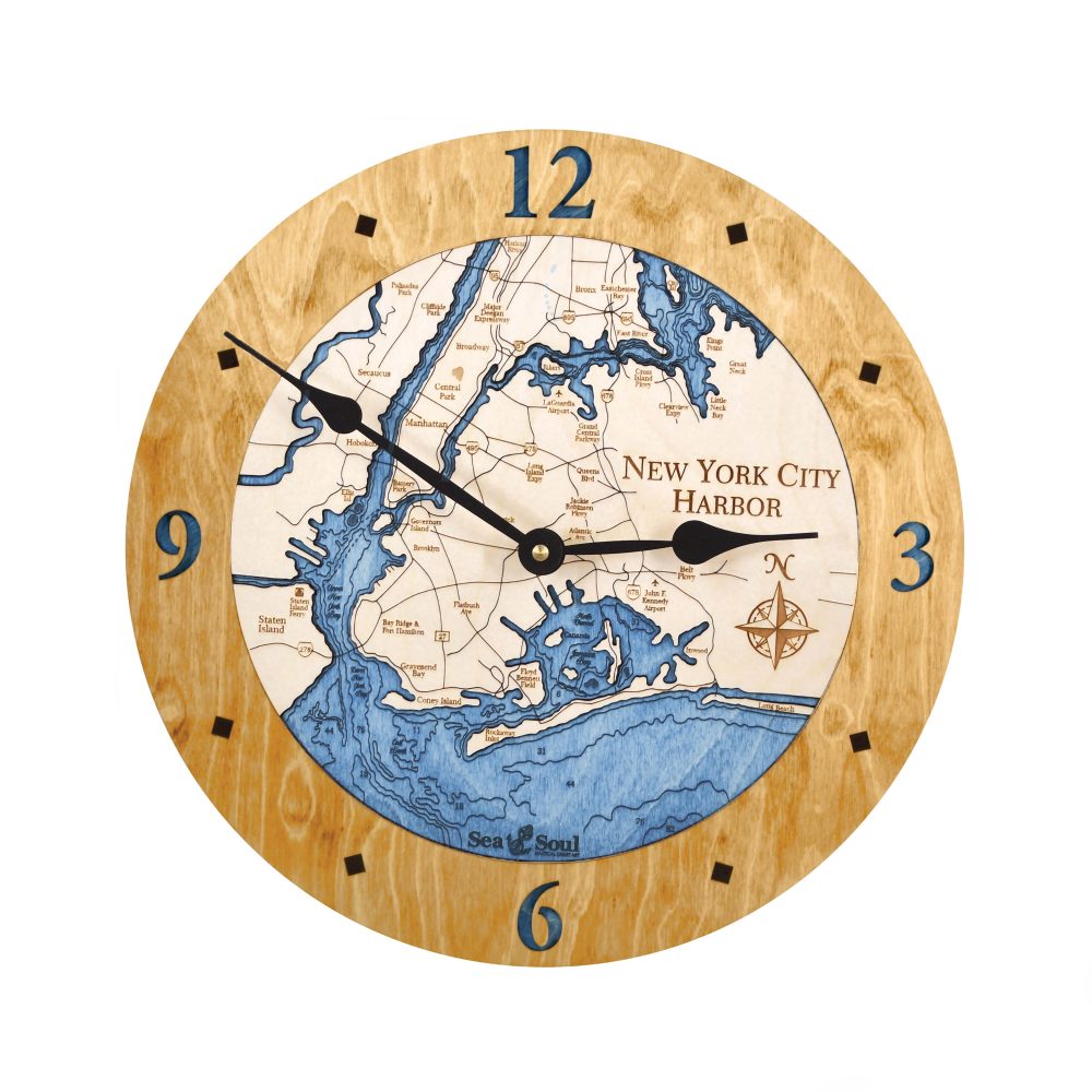 New York City Harbor Nautical Clock Honey Accent with Deep Blue Water