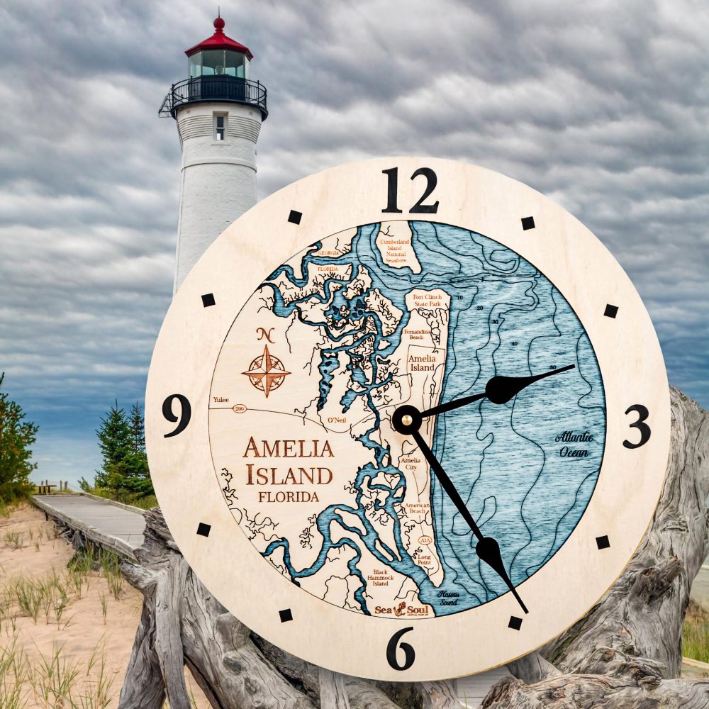 Amelia Island Nautical Clock Birch Accent with Blue Green Water by Lighthouse