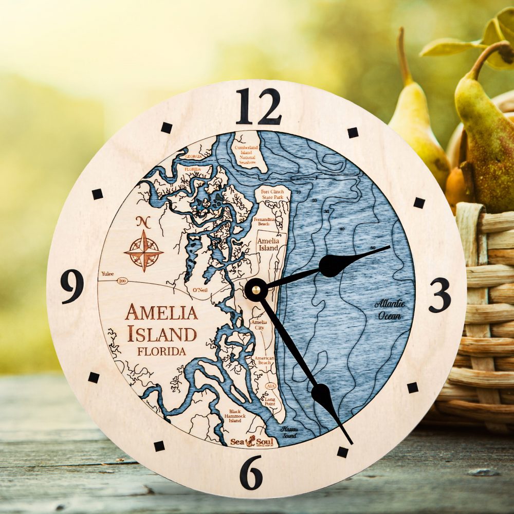 Amelia Island Nautical Clock Birch Accent with Deep Blue Water on Table Top with Fruit Basket