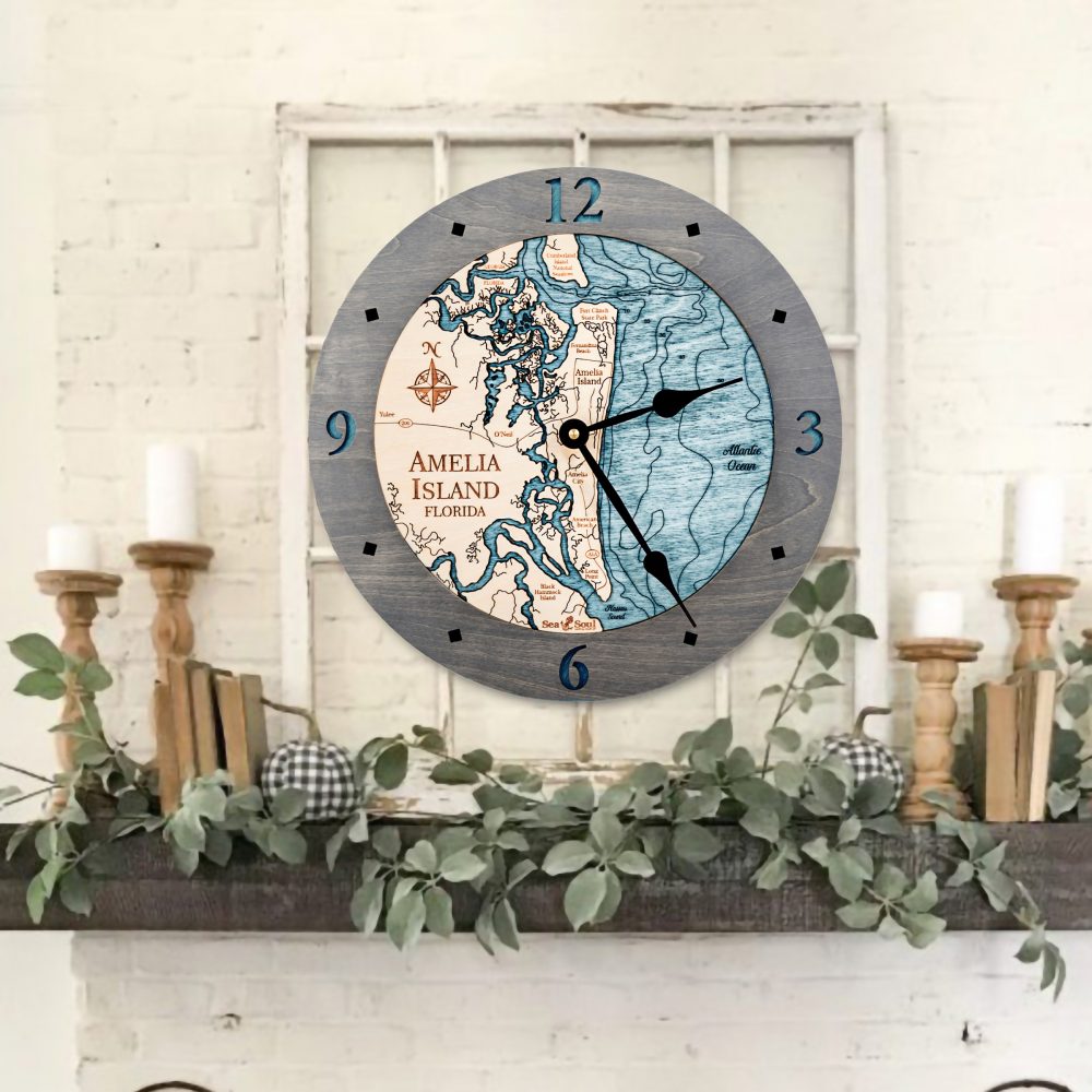 Amelia Island Nautical Clock Driftwood Accent with Blue Green Water on Wall