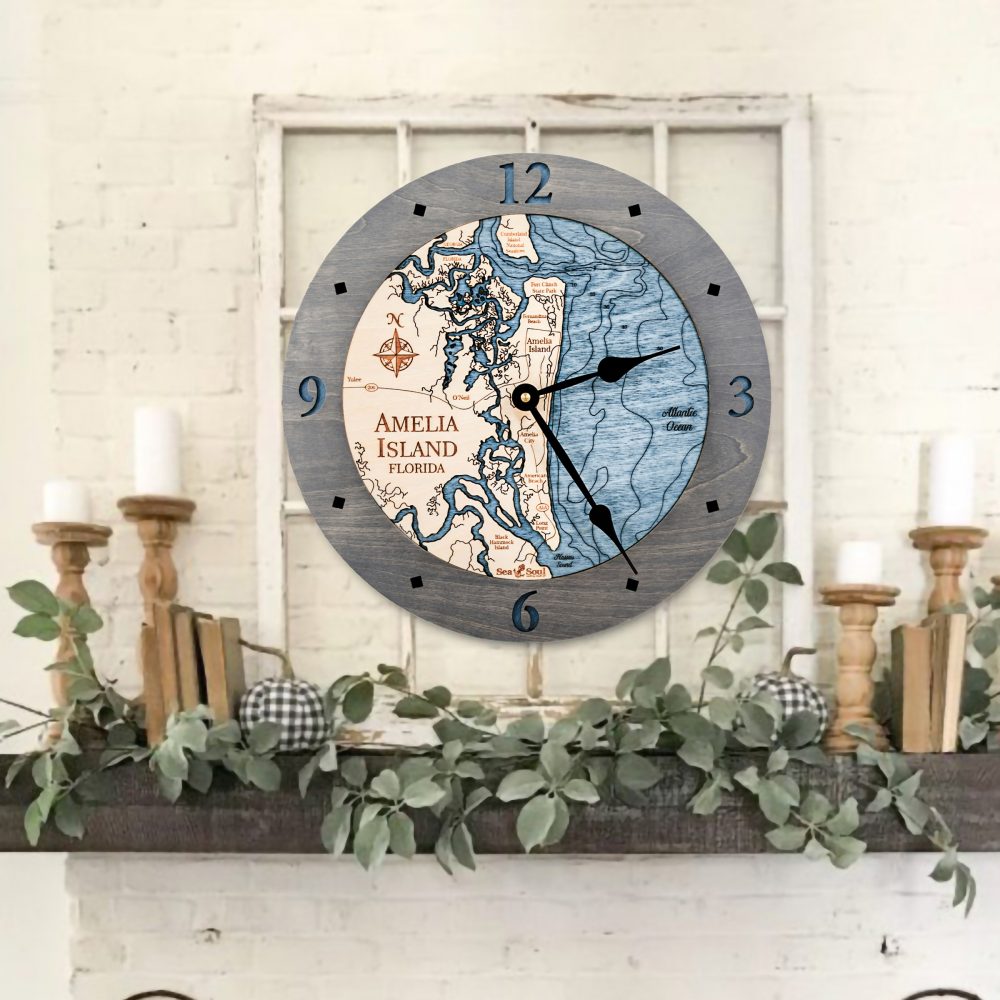Amelia Island Nautical Clock Driftwood Accent with Deep Blue Water on Wall