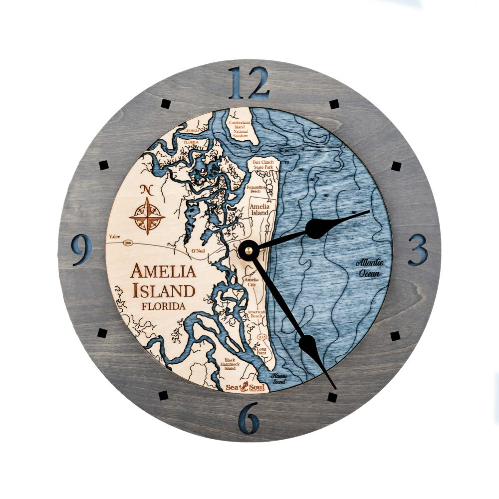 Amelia Island Nautical Clock Driftwood Accent with Deep Blue Water