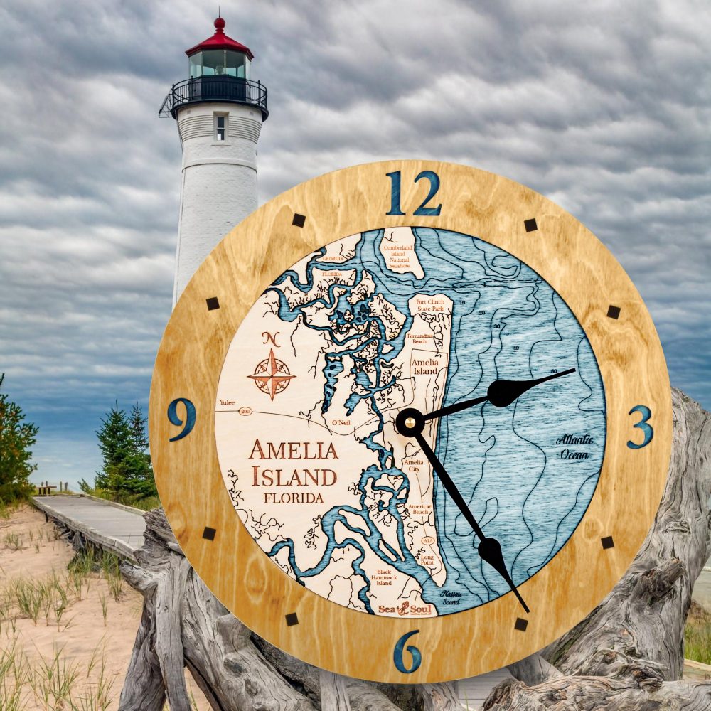 Amelia Island Nautical Clock Honey Accent with Blue Green Water by Lighthouse
