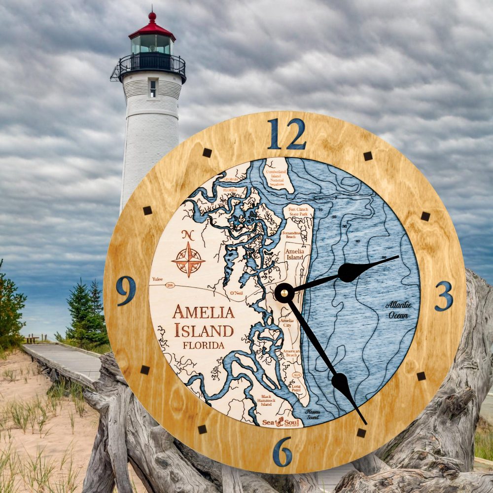 Amelia Island Nautical Clock Honey Accent with Deep Blue Water by Lighthouse