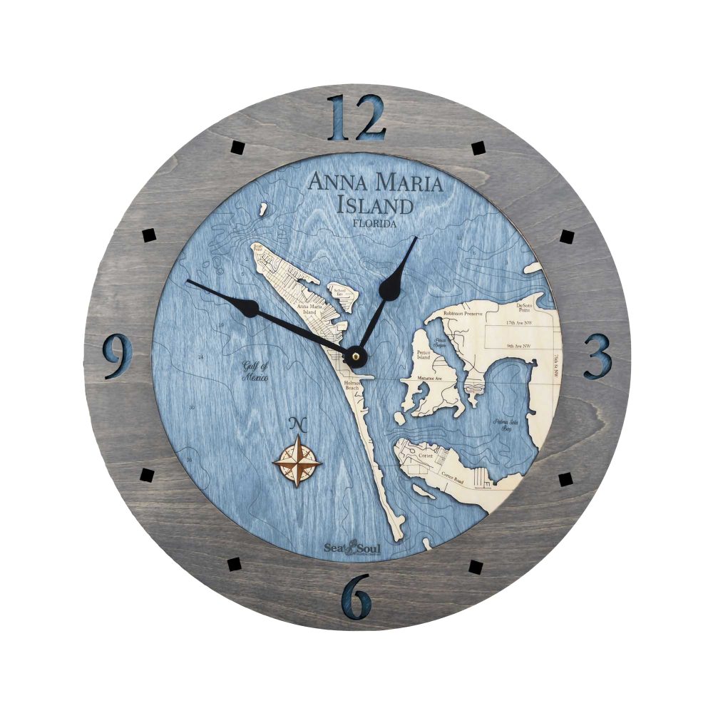 Anna Maria Island Nautical Clock Driftwood Accent with Deep Blue Water