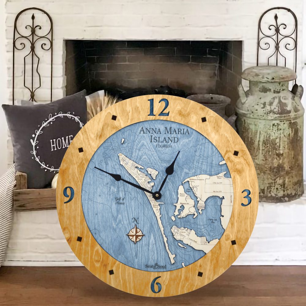 Anna Maria Island Coastal Clock Honey Accent with Deep Blue Water in Use