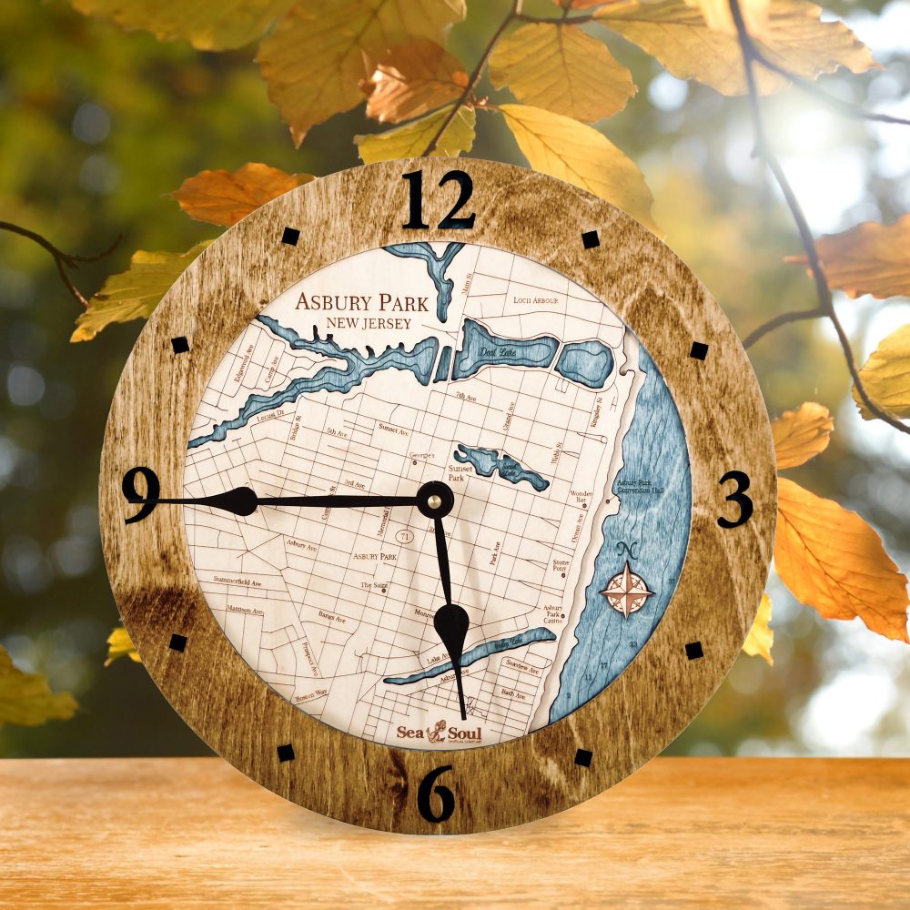 Asbury Park Nautical Clock Americana Accent with Blue Green Water with Fall Leaves