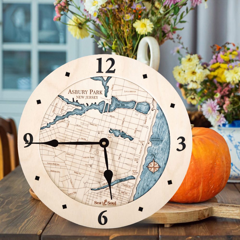 Asbury Park Nautical Clock Birch Accent with Blue Green Water on Table