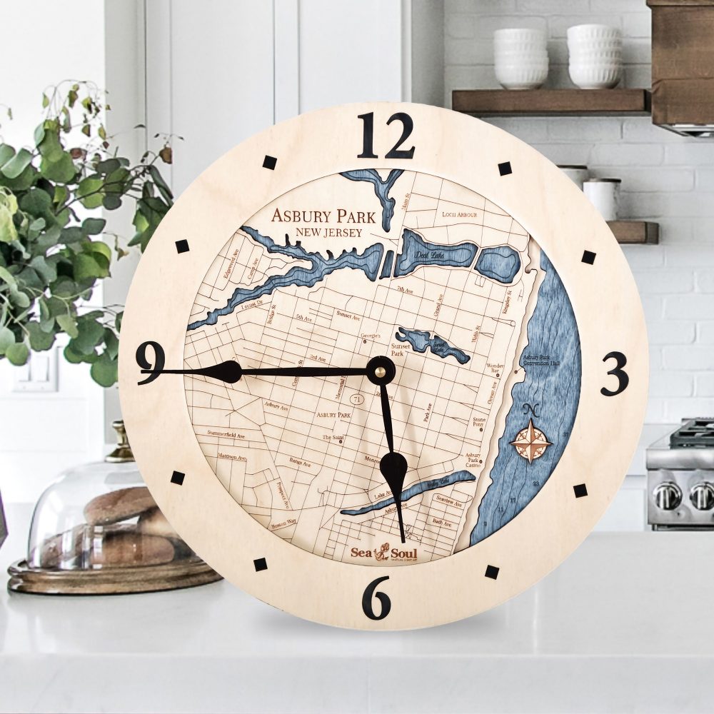 Asbury Park Nautical Clock Birch Accent with Deep Blue Water on Counter Top