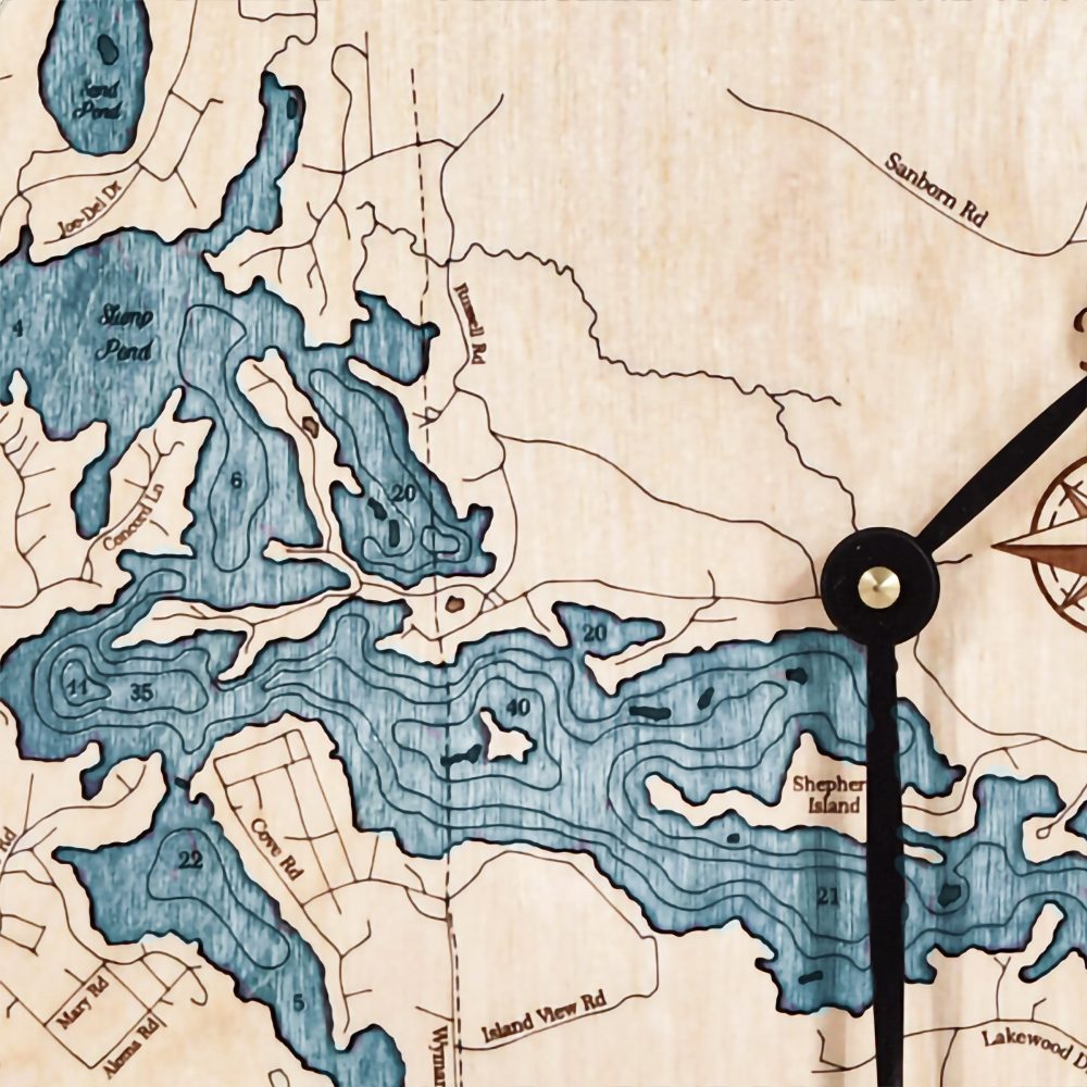 Balch Lake Nautical Map Clock Birch Accent with Blue Green Water Detail Shot 1
