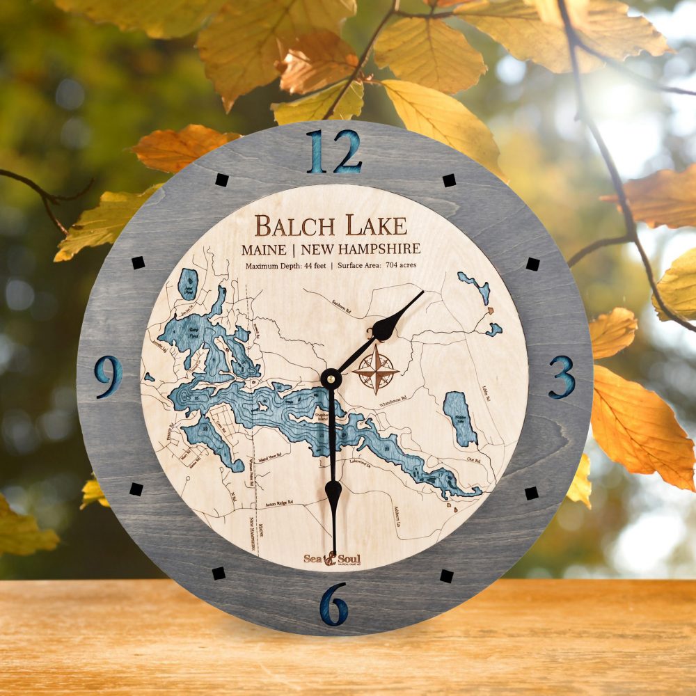 Balch Lake Nautical Clock Driftwood Accent with Blue Green Water on Table with Fall Leaves