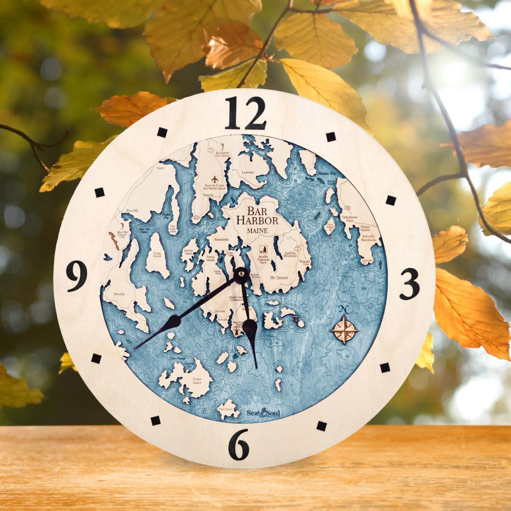 Bar Harbor Nautical Clock Birch Accent with Blue Green Water on Table with Leaves