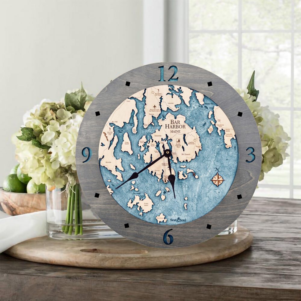 Bar Harbor Nautical Clock Driftwood Accent with Blue Green Water on Table with Flowers