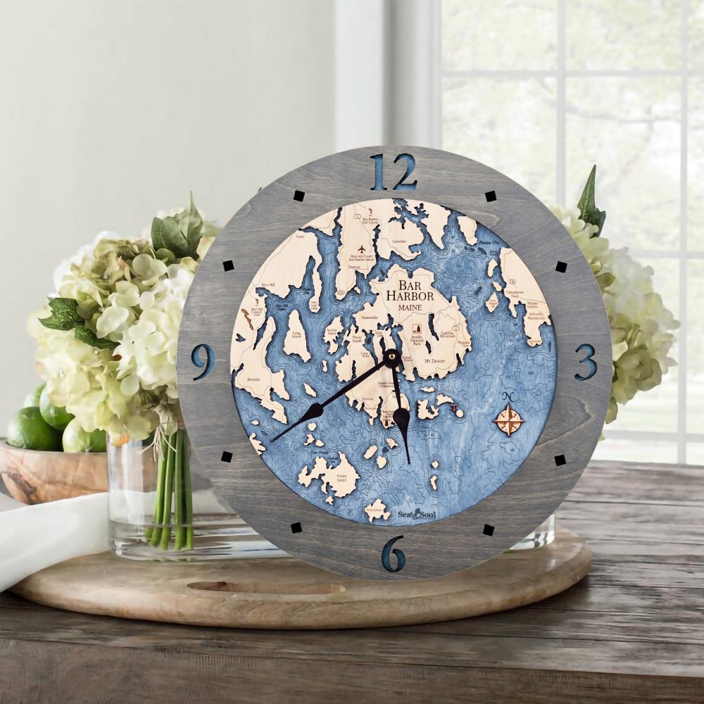 Bar Harbor Nautical Clock Driftwood Accent with Deep Blue Water on Table with Flowers