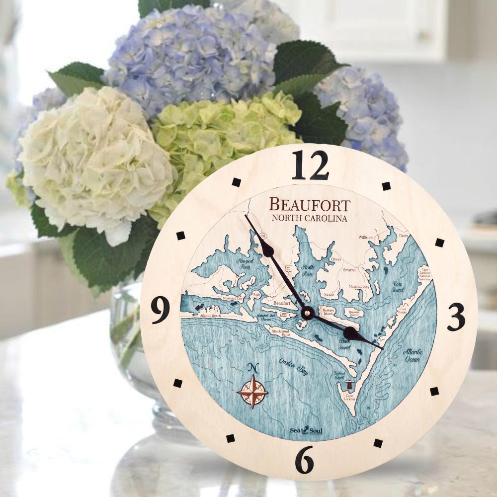 Beaufort North Carolina Nautical Clock Birch Accent with Blue Green Water on Counter Top