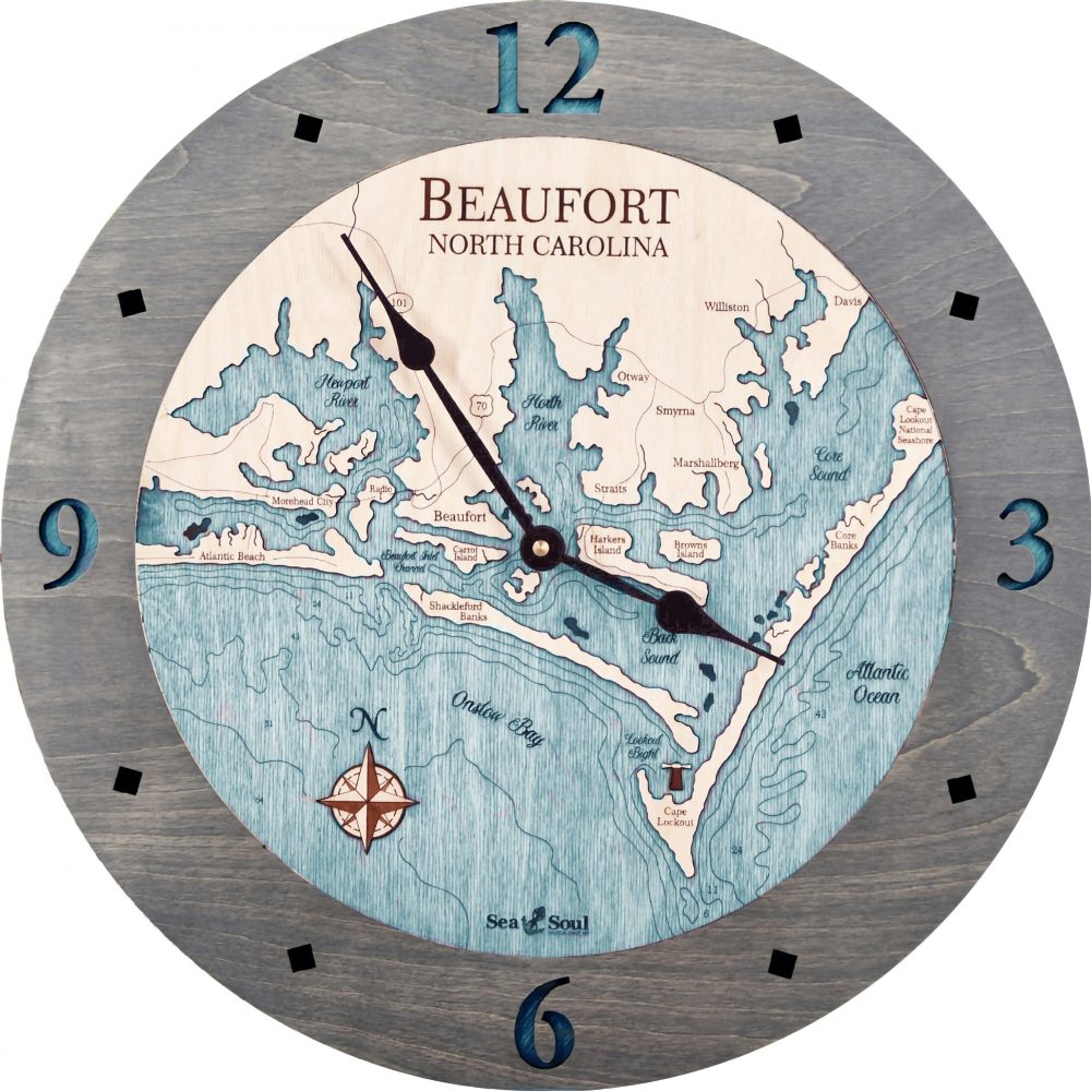 Beaufort North Carolina Nautical Clock Driftwood Accent with Blue Green Water