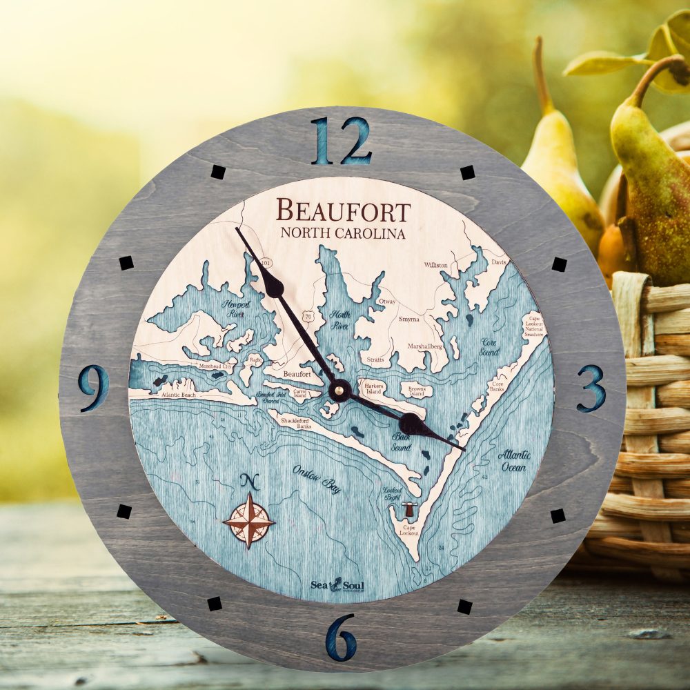Beaufort North Carolina Nautical Clock Driftwood Accent with Blue Green Water on Table Top