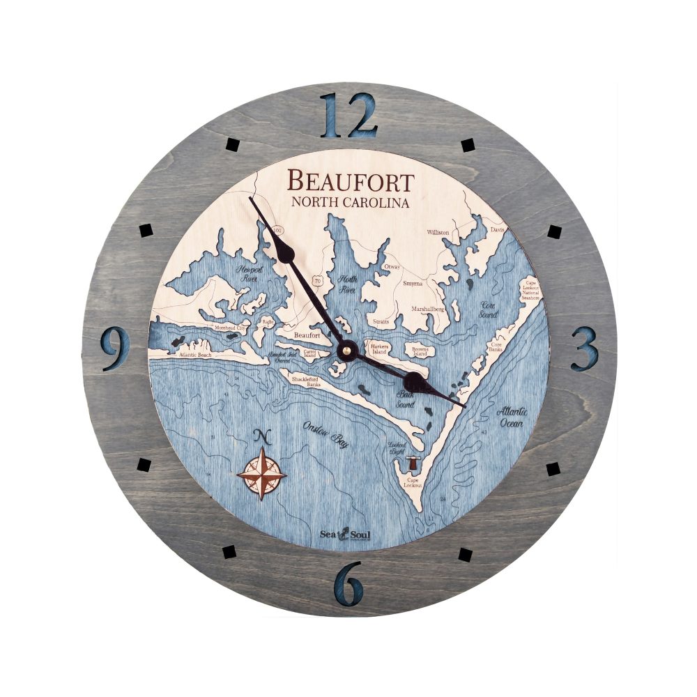 Beaufort North Carolina Nautical Clock Driftwood Accent with Deep Blue Water