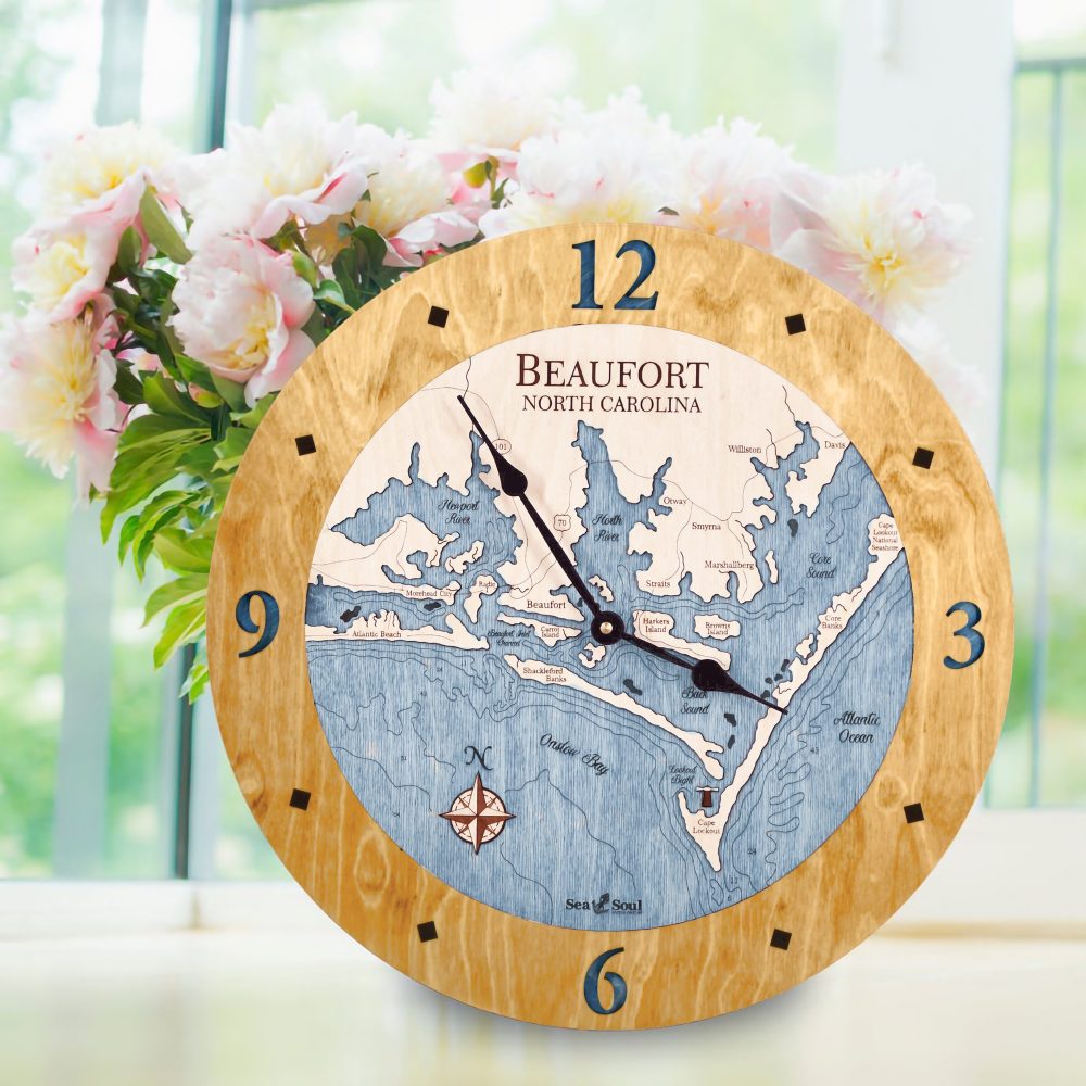 Beaufort North Carolina Nautical Clock Honey Accent with Deep Blue Water by Flower Vase