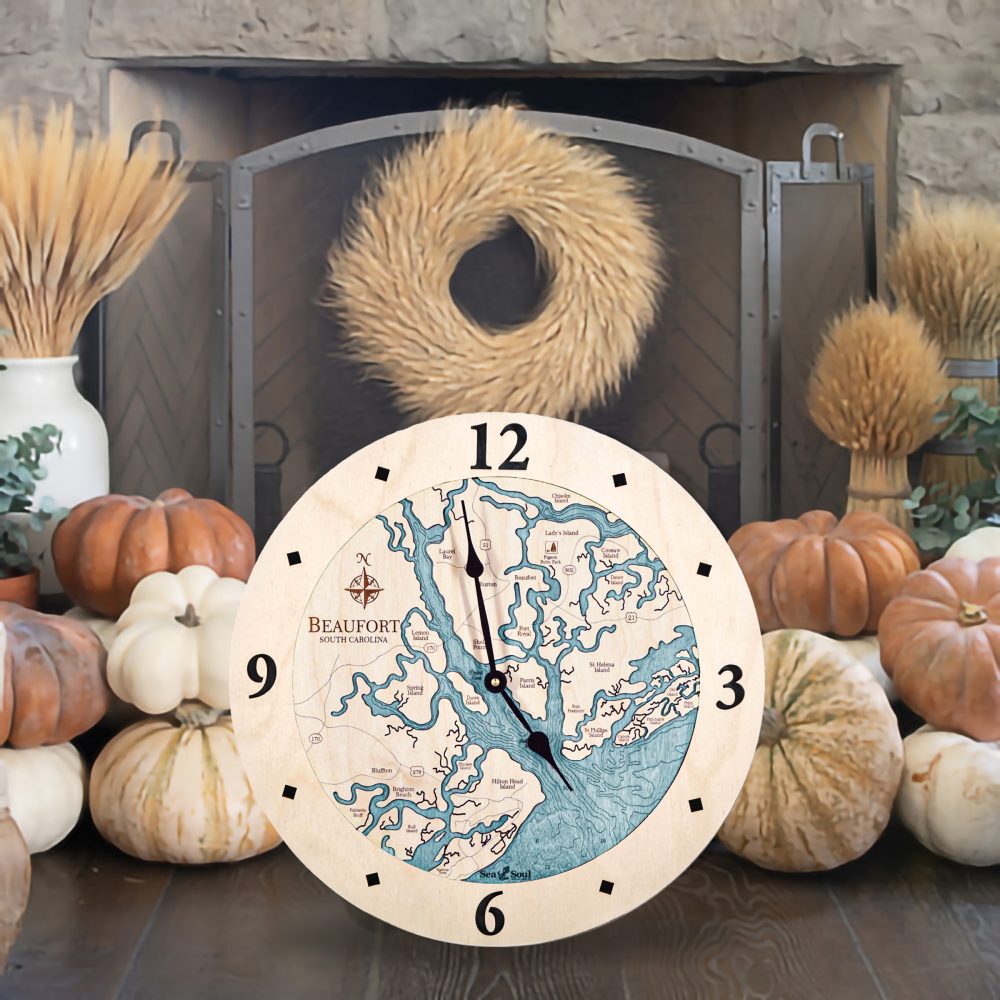 Beaufort South Carolina Nautical Clock Birch Accent with Blue Green Water by Fireplace