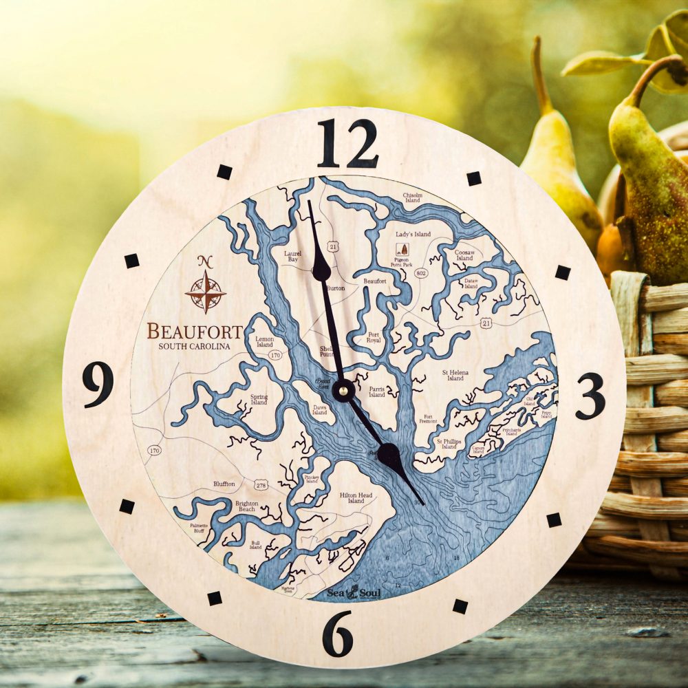 Beaufort South Carolina Nautical Clock Birch Accent with Deep Blue Water on Table
