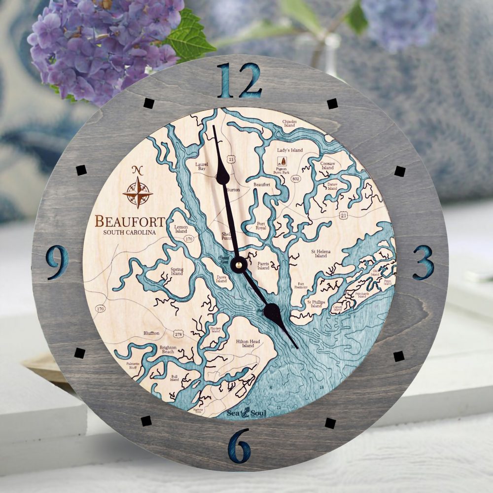 Beaufort South Carolina Nautical Clock Driftwood Accent with Blue Green Water on Table with Flowers