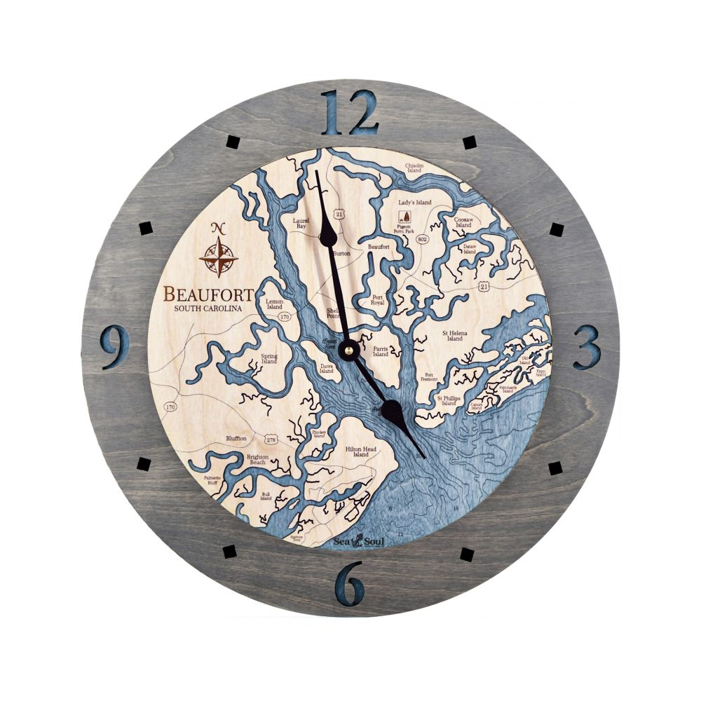 Beaufort South Carolina Nautical Clock Driftwood Accent with Deep Blue Water
