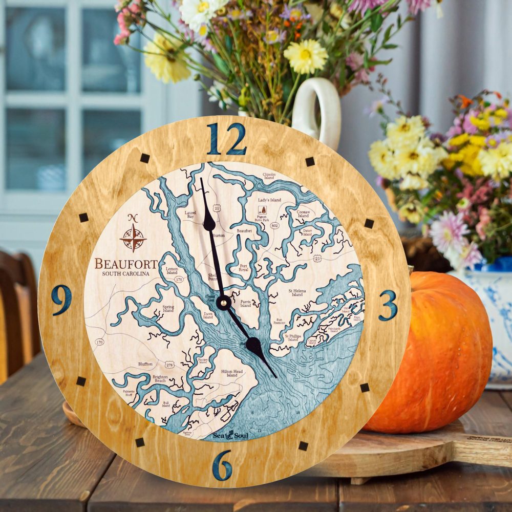 Beaufort South Carolina Nautical Clock Honey Accent with Blue Green Water on Table with Pumpkin