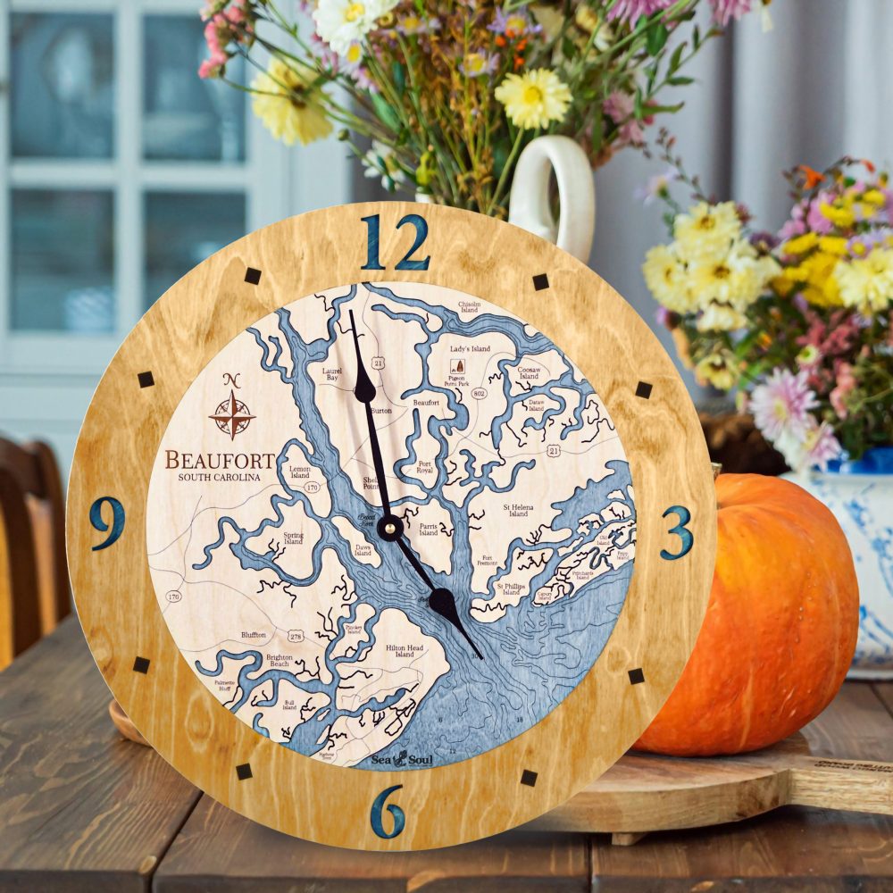 Beaufort South Carolina Nautical Clock Honey Accent with Deep Blue Water on Table with Pumpkin