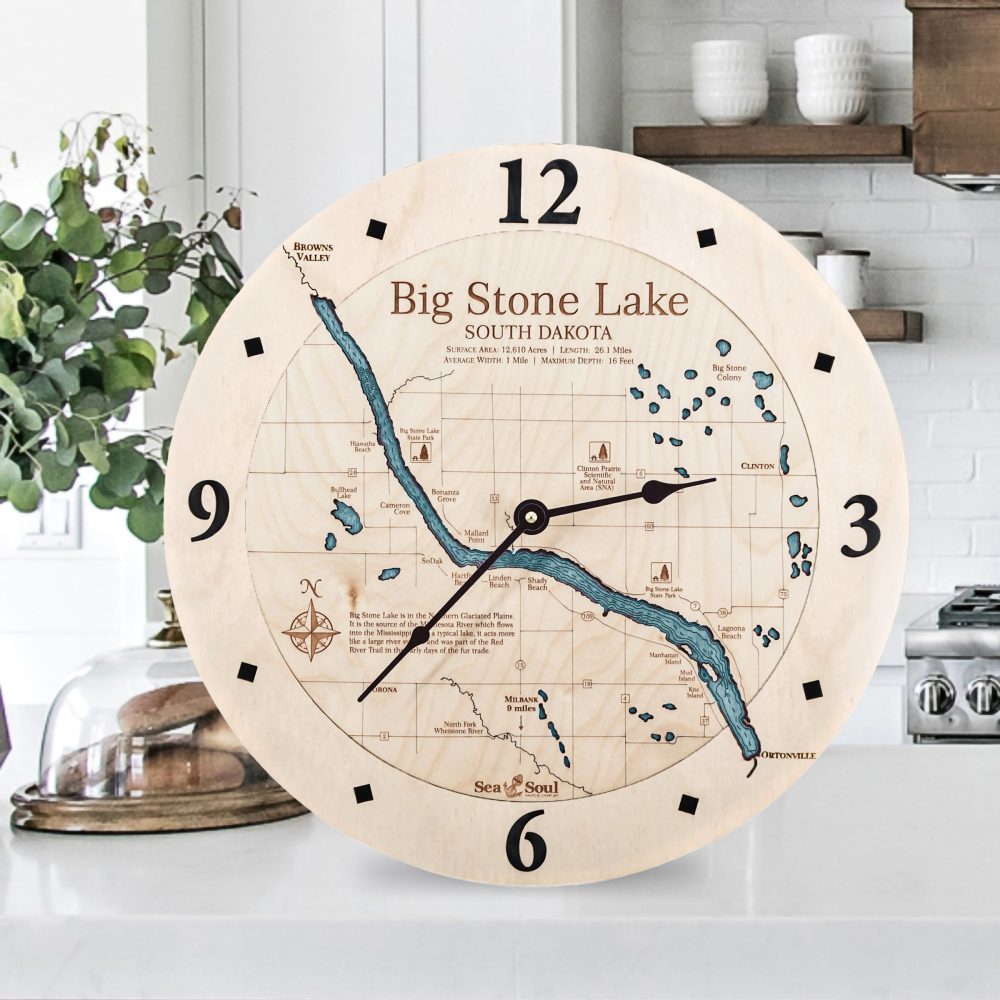 Big Stone Lake Nautical Clock Birch Accent with Blue Green Water on Counter Top