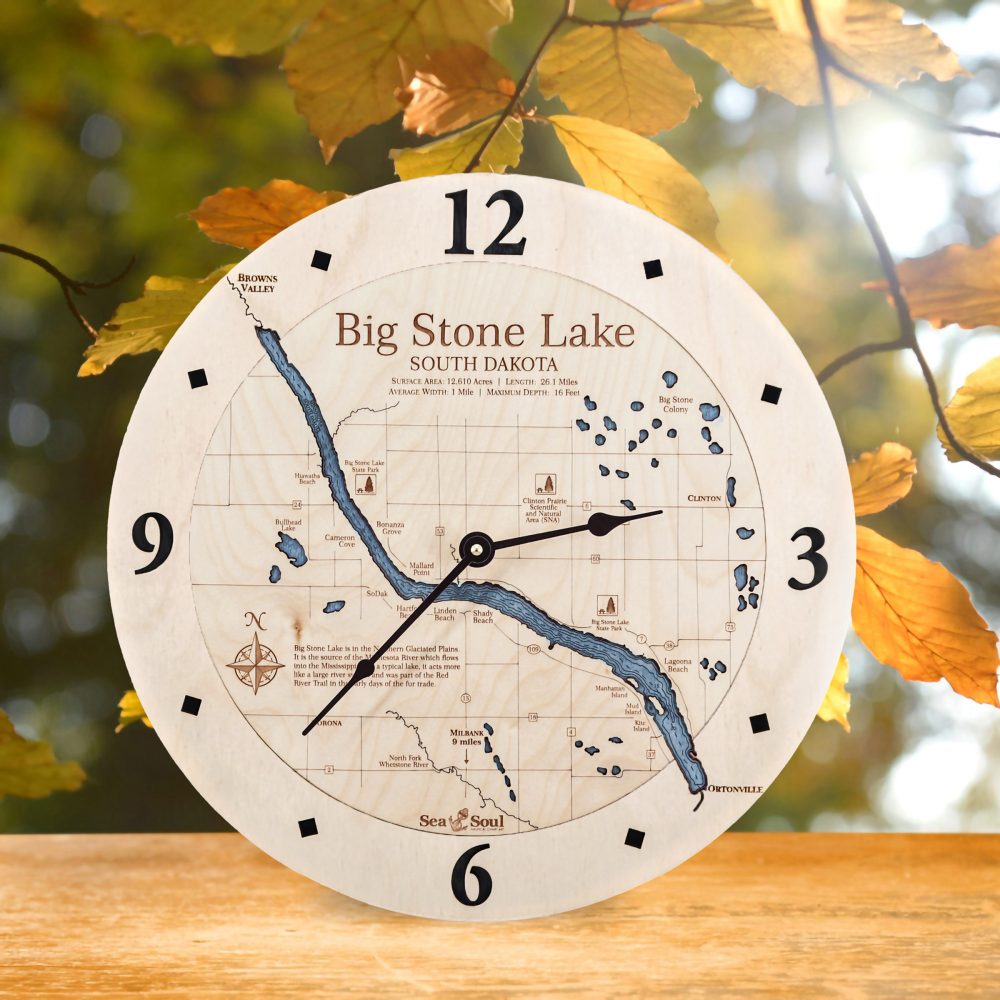 Big Stone Lake Nautical Clock Birch Accent with Deep Blue Water on Table by Fall Leaves