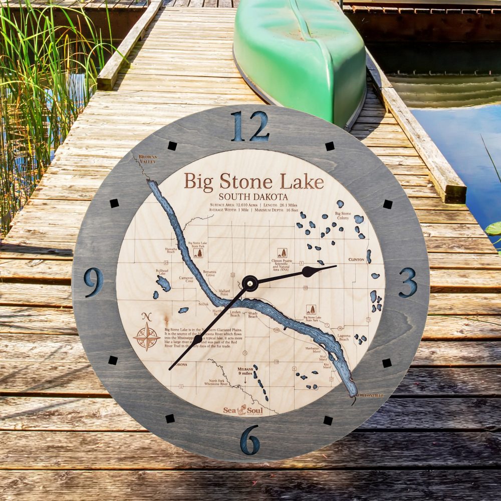 Big Stone Lake Nautical Clock Driftwood Accent with Deep Blue Water on Dock