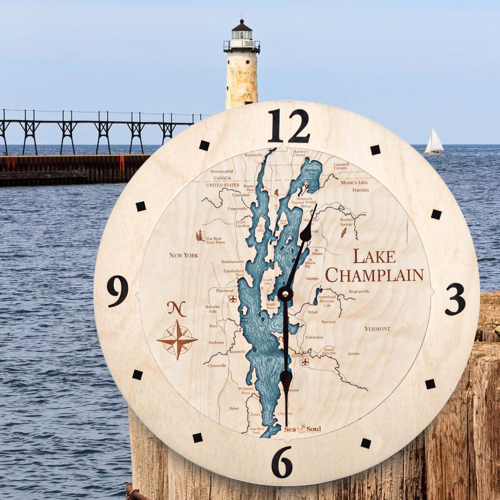 Lake Champlain Nautical Clock Birch Accent with Blue Green Water by Waterfront with Lighthouse