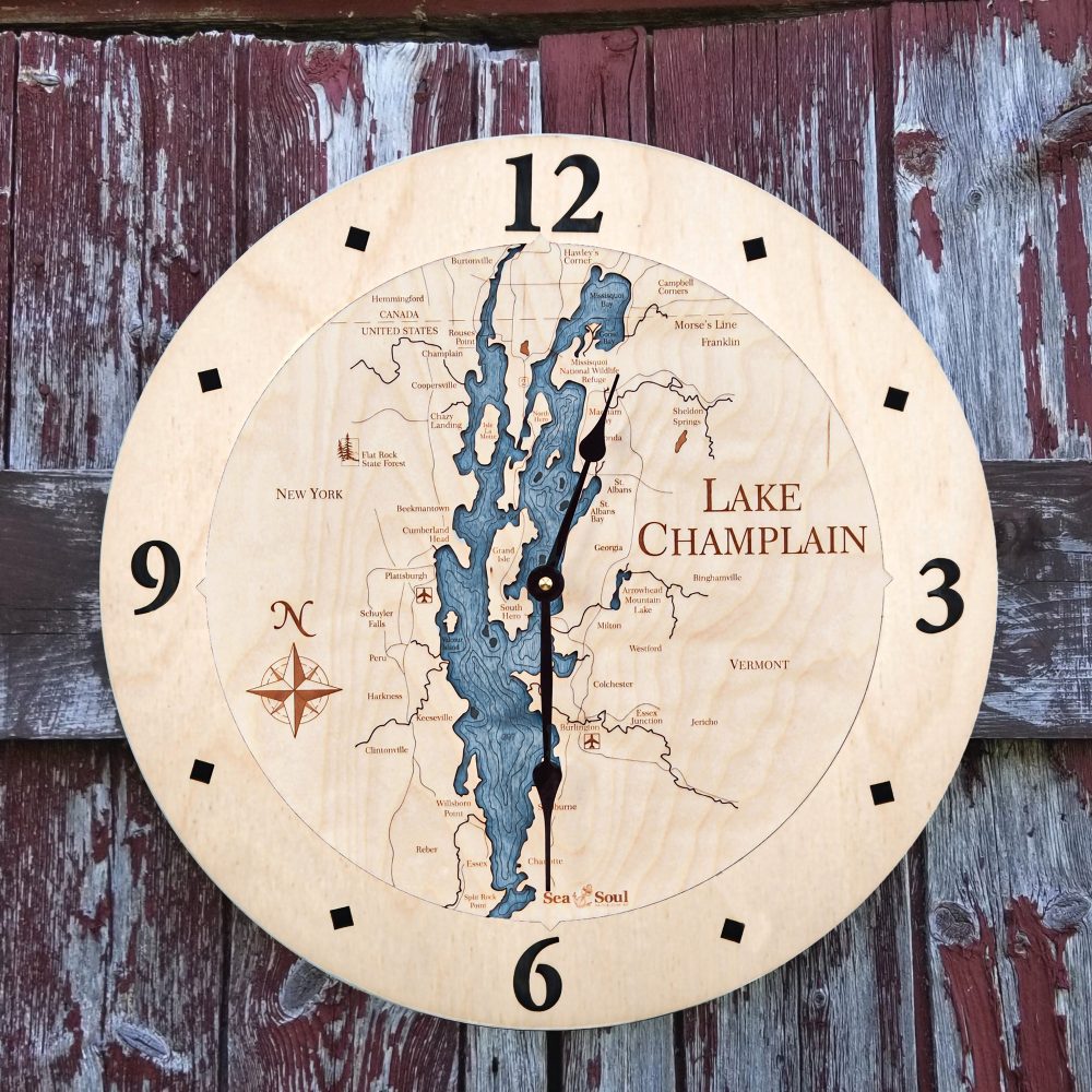 Lake Champlain Nautical Clock Birch Accent with Deep Blue Water on Fence