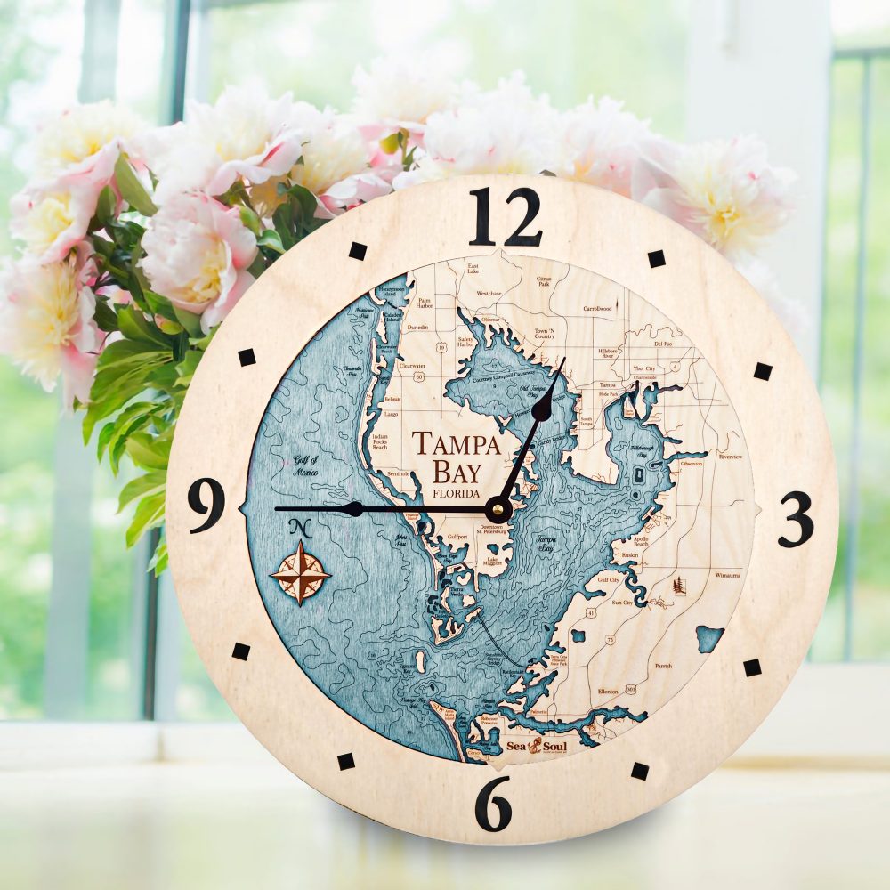 Tampa Bay Nautical Clock Birch Accent with Blue Green Water by Flowers