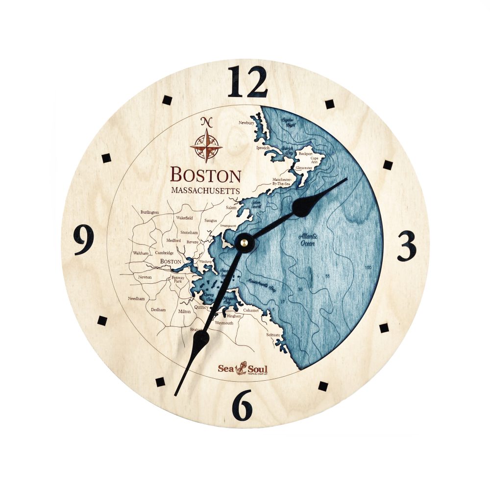 Boston Harbor Nautical Clock Birch Accent with Blue Green Water