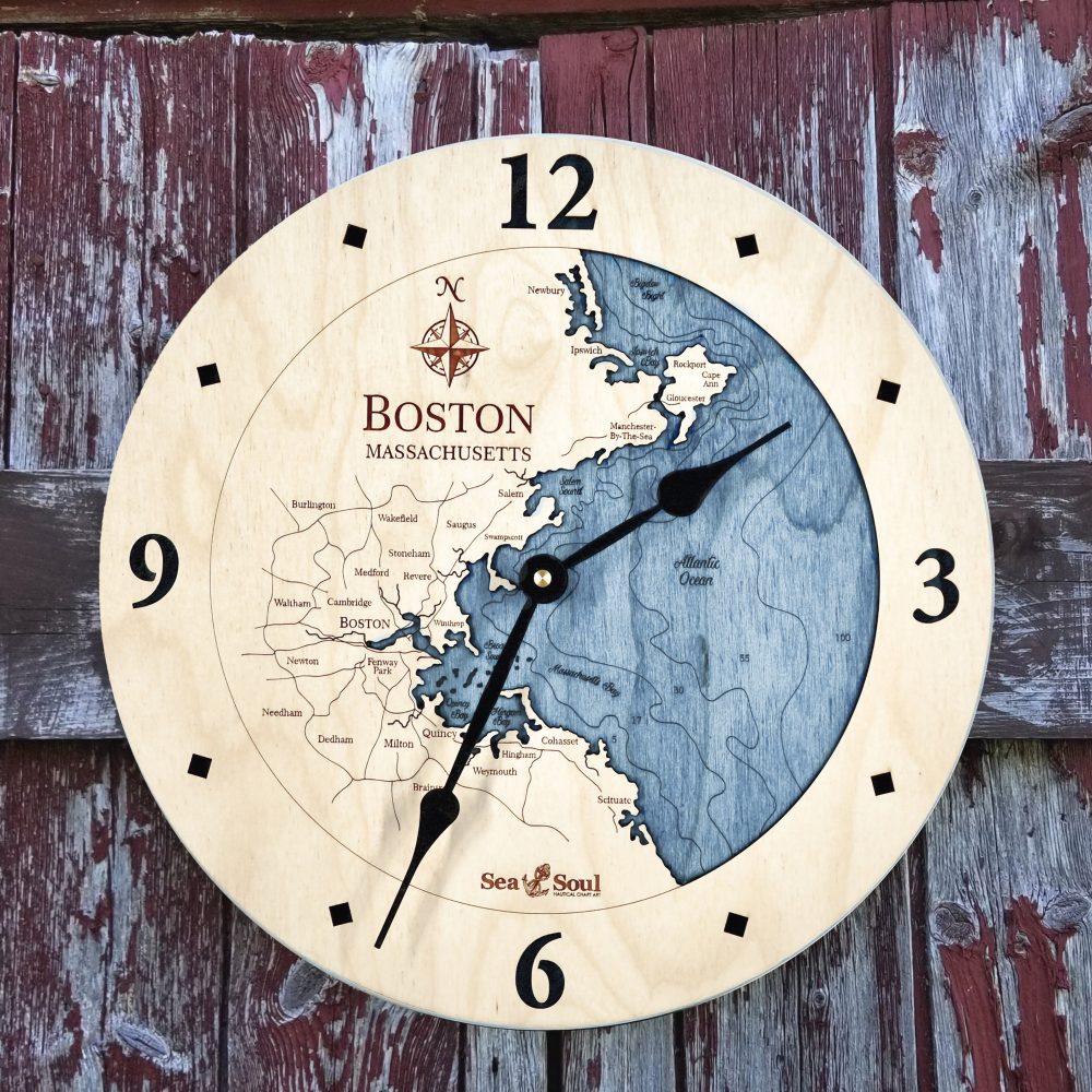 Boston Harbor Nautical Clock Birch Accent with Deep Blue Water on Fence