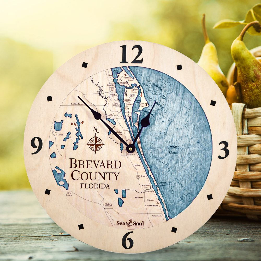 Brevard County Nautical Clock Birch Accent with Blue Green Water on Table with Fruit Basket