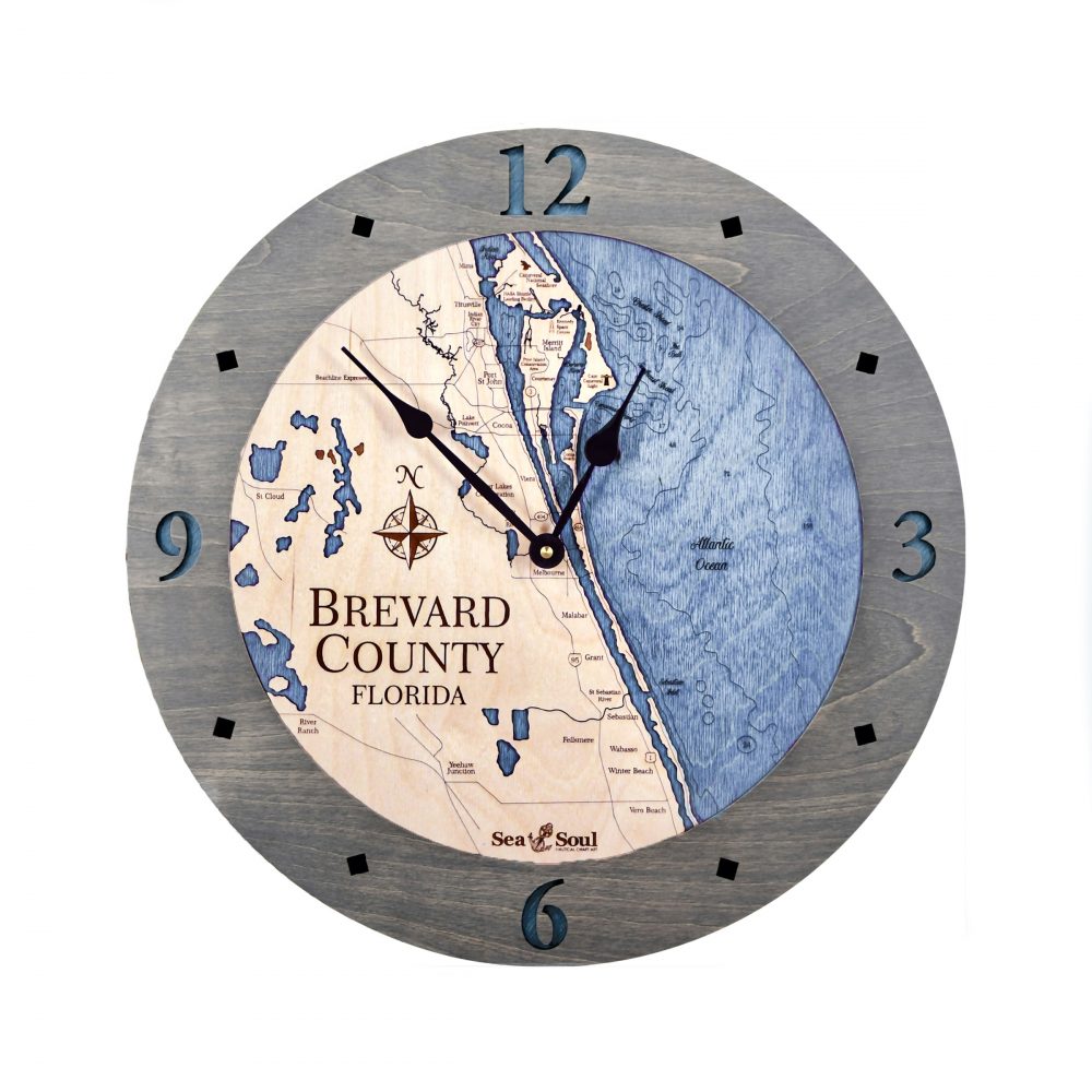 Brevard County Nautical Clock Driftwood Accent with Deep Blue Water