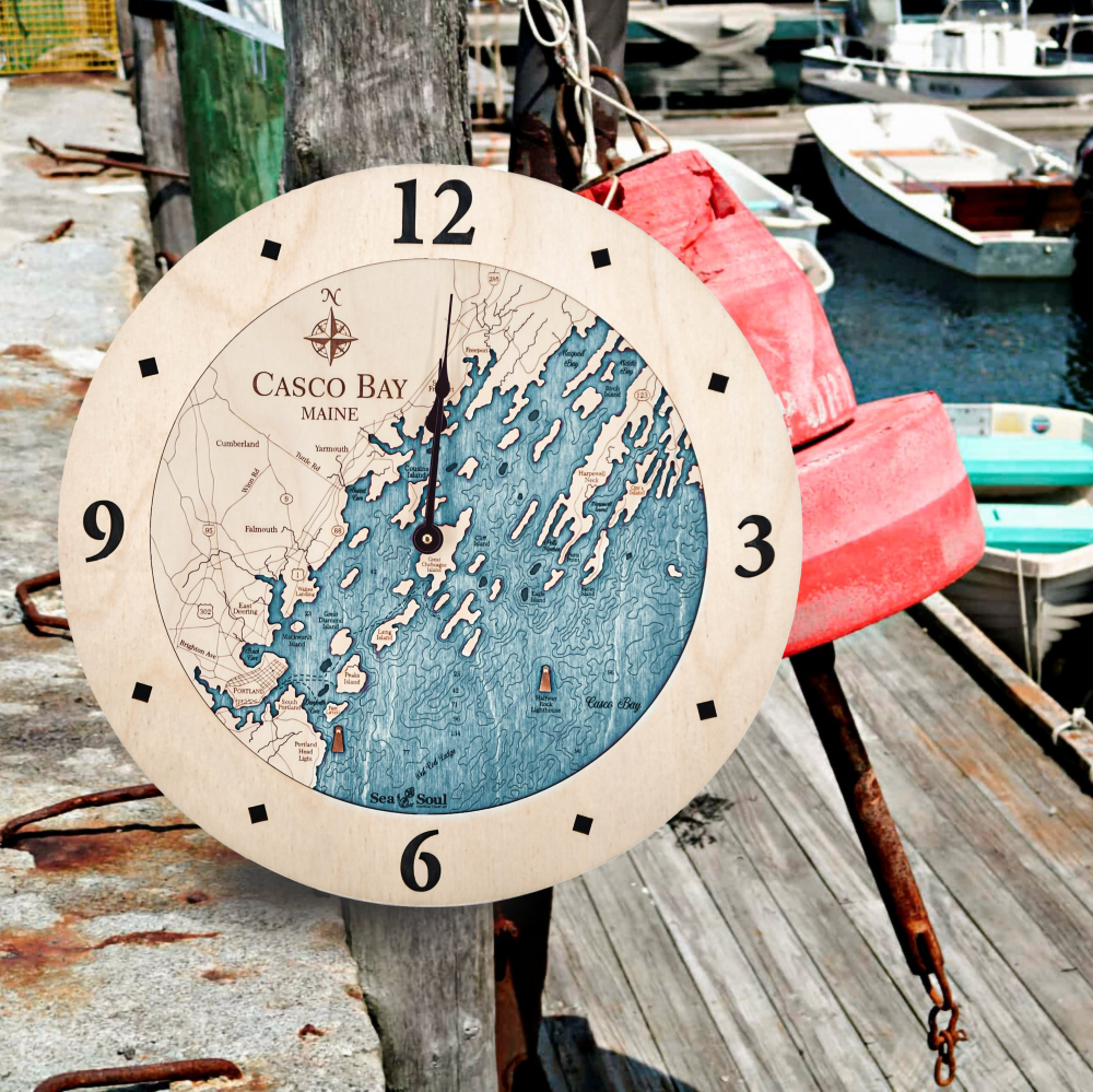 Casco Bay Nautical Clock Birch Accent with Blue Green Water Detail Shot 2